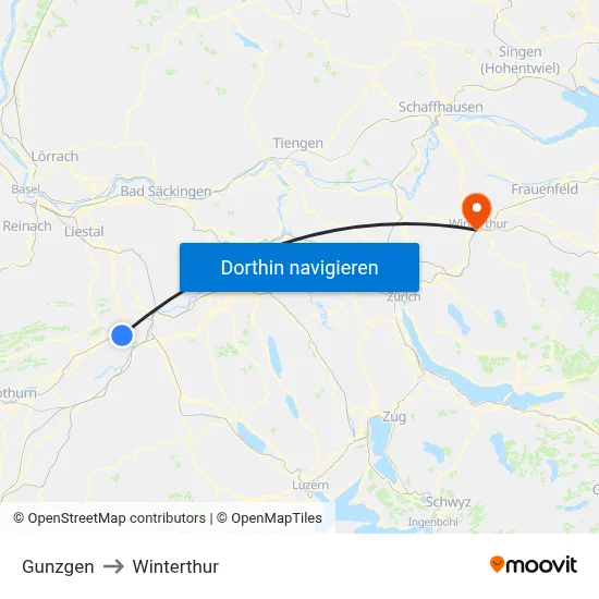 Gunzgen to Winterthur map