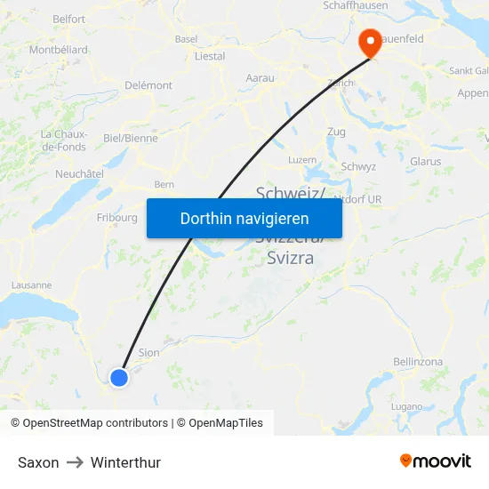 Saxon to Winterthur map