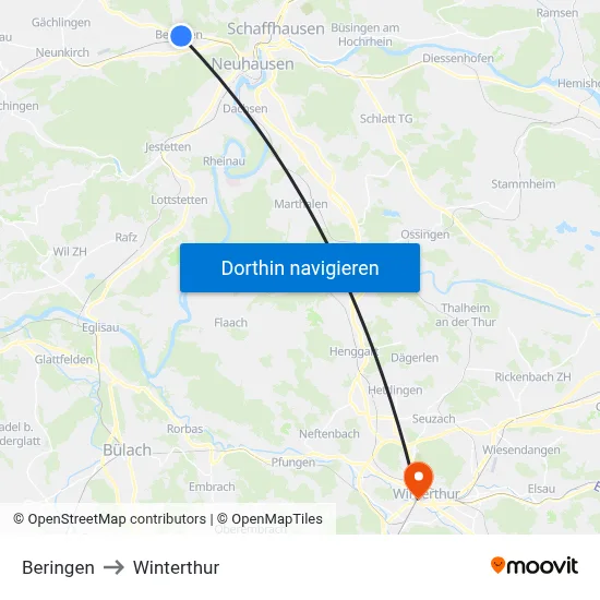 Beringen to Winterthur map