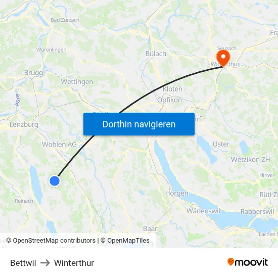 Bettwil to Winterthur map