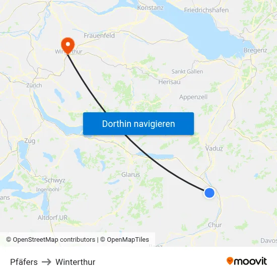 Pfäfers to Winterthur map