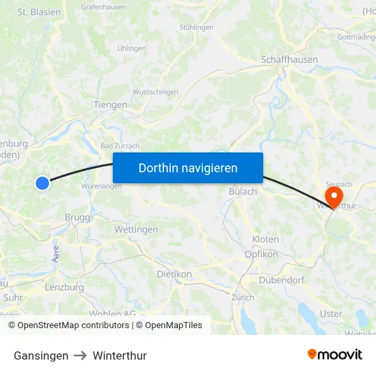 Gansingen to Winterthur map