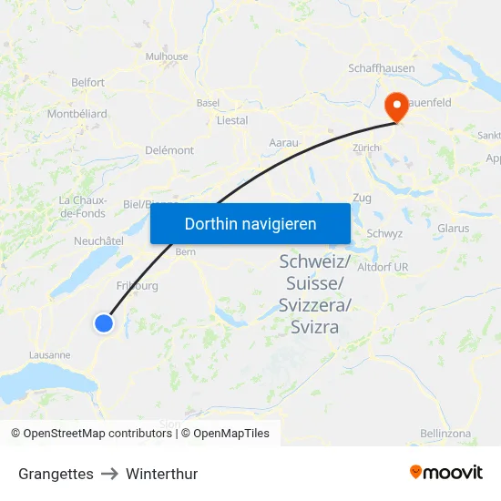 Grangettes to Winterthur map