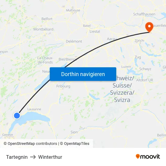 Tartegnin to Winterthur map