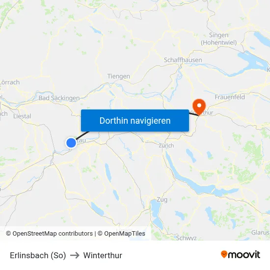 Erlinsbach (So) to Winterthur map
