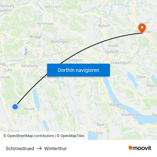 Schmiedrued to Winterthur map