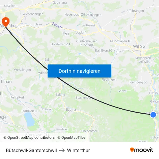Bütschwil-Ganterschwil to Winterthur map