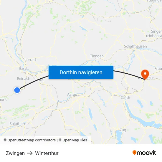 Zwingen to Winterthur map