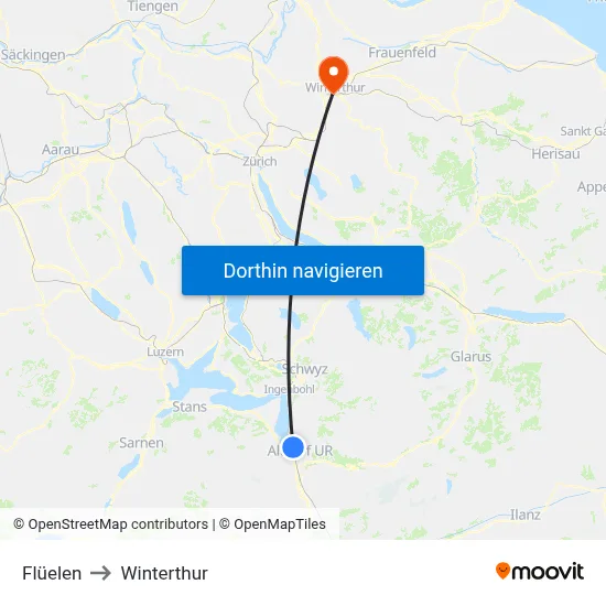 Flüelen to Winterthur map