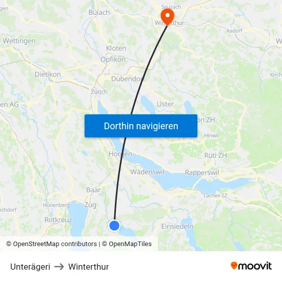 Unterägeri to Winterthur map