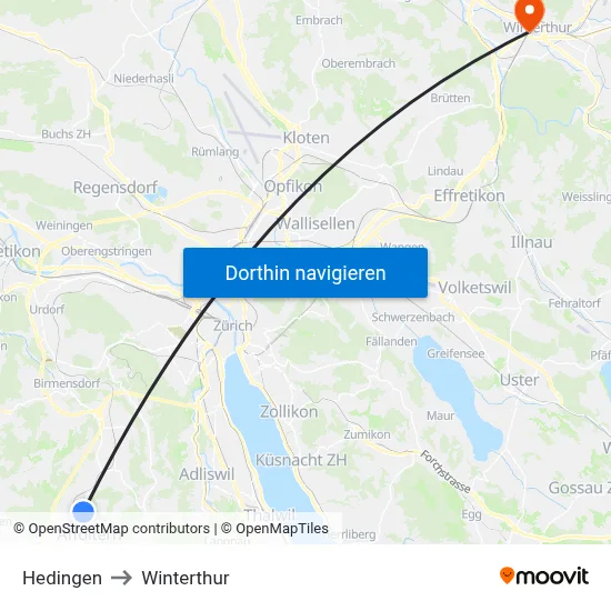 Hedingen to Winterthur map