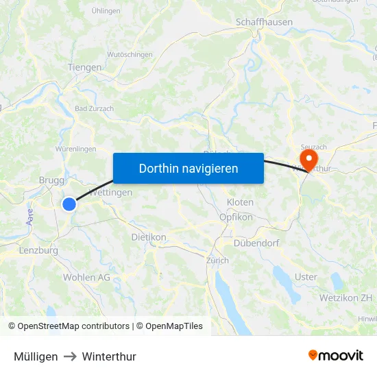 Mülligen to Winterthur map