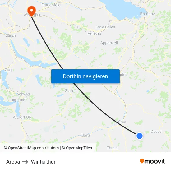 Arosa to Winterthur map
