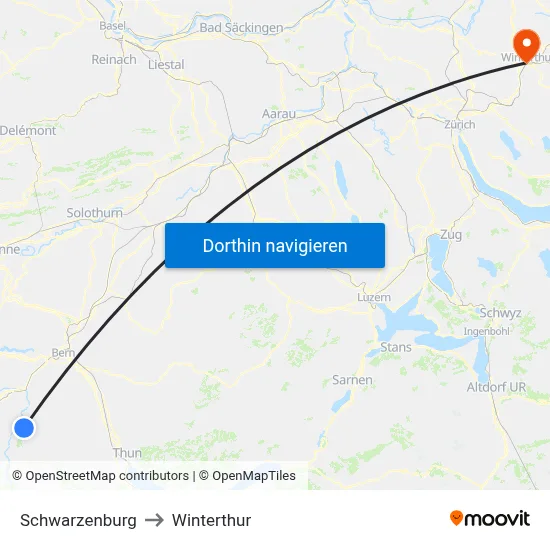 Schwarzenburg to Winterthur map