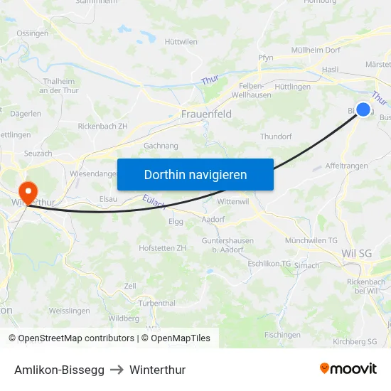 Amlikon-Bissegg to Winterthur map