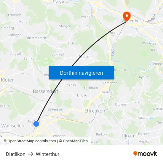 Dietlikon to Winterthur map