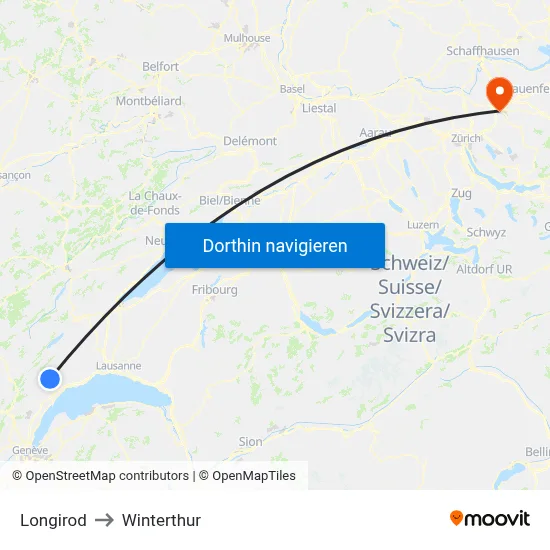 Longirod to Winterthur map