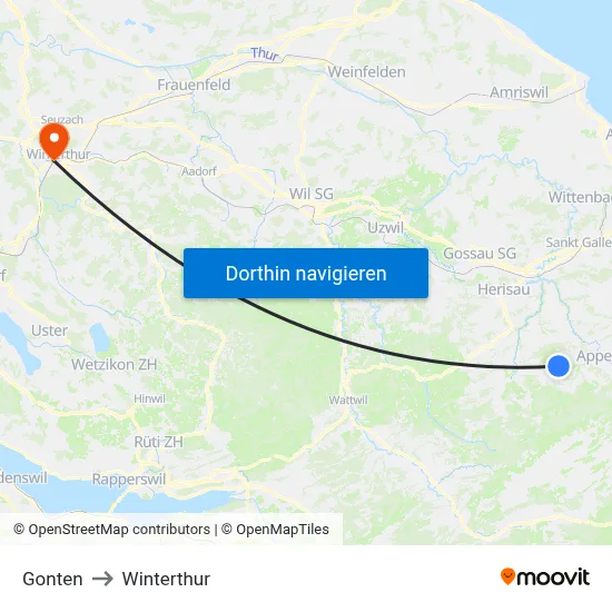 Gonten to Winterthur map