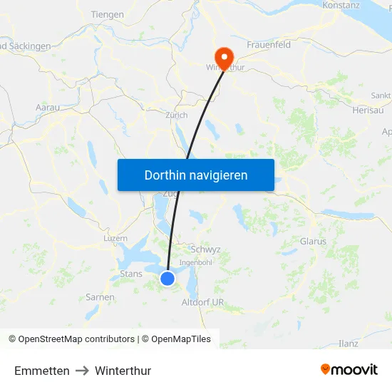 Emmetten to Winterthur map