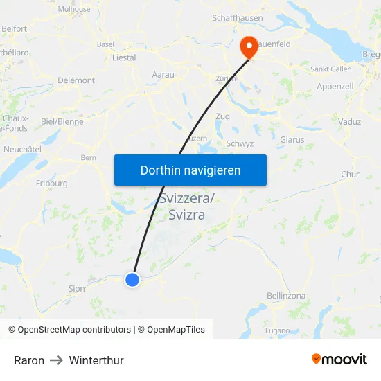 Raron to Winterthur map