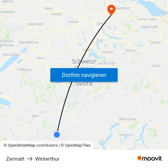 Zermatt to Winterthur map