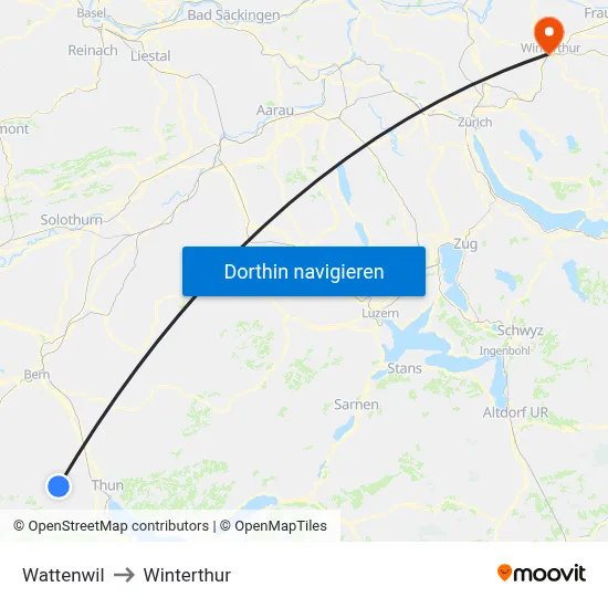 Wattenwil to Winterthur map