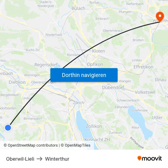 Oberwil-Lieli to Winterthur map