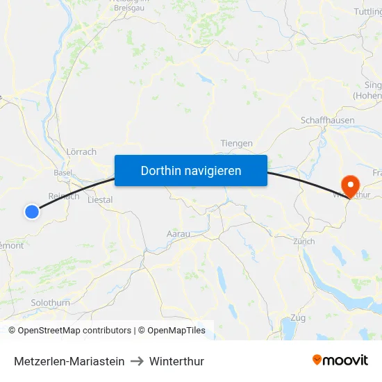 Metzerlen-Mariastein to Winterthur map