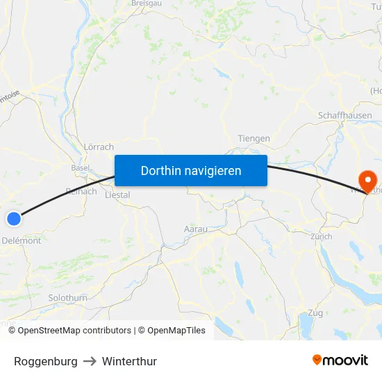 Roggenburg to Winterthur map