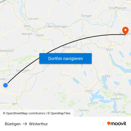 Büetigen to Winterthur map
