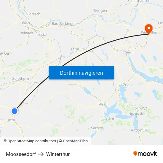 Moosseedorf to Winterthur map