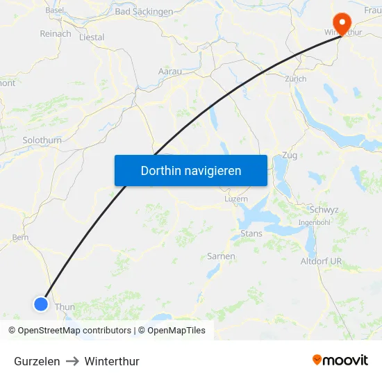 Gurzelen to Winterthur map