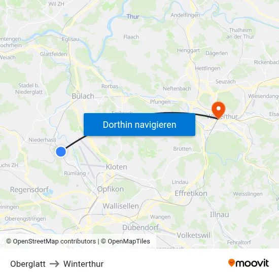 Oberglatt to Winterthur map