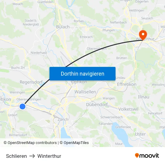 Schlieren to Winterthur map