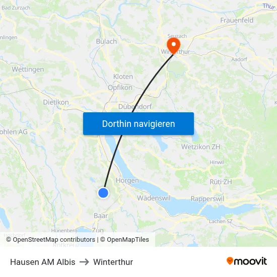 Hausen AM Albis to Winterthur map