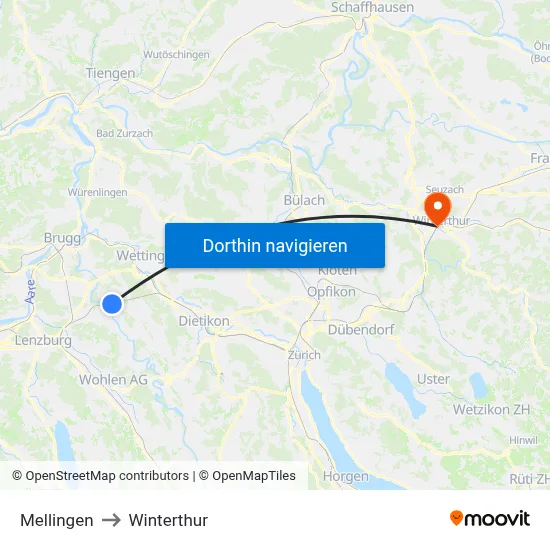 Mellingen to Winterthur map