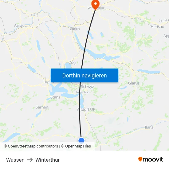 Wassen to Winterthur map