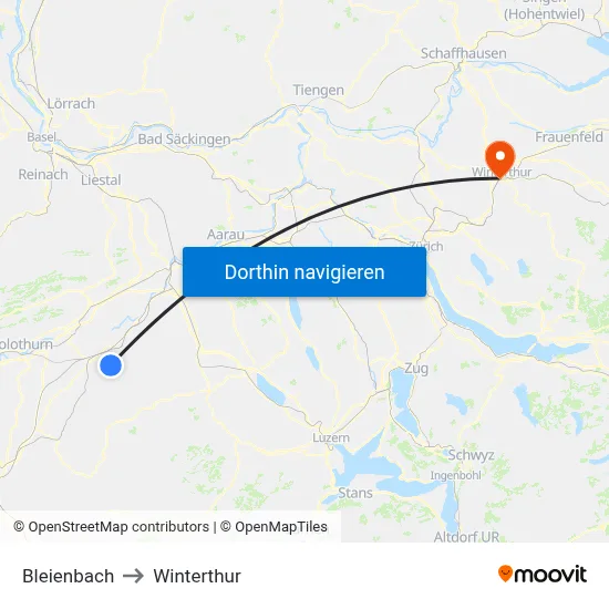 Bleienbach to Winterthur map