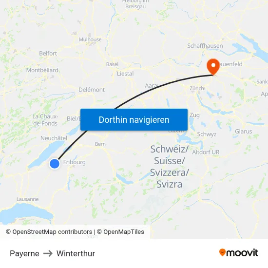 Payerne to Winterthur map