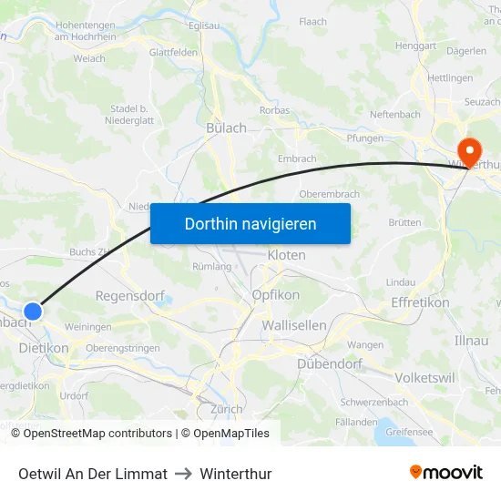 Oetwil An Der Limmat to Winterthur map
