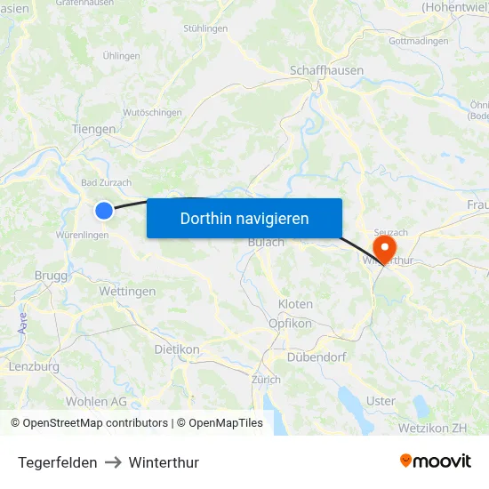Tegerfelden to Winterthur map