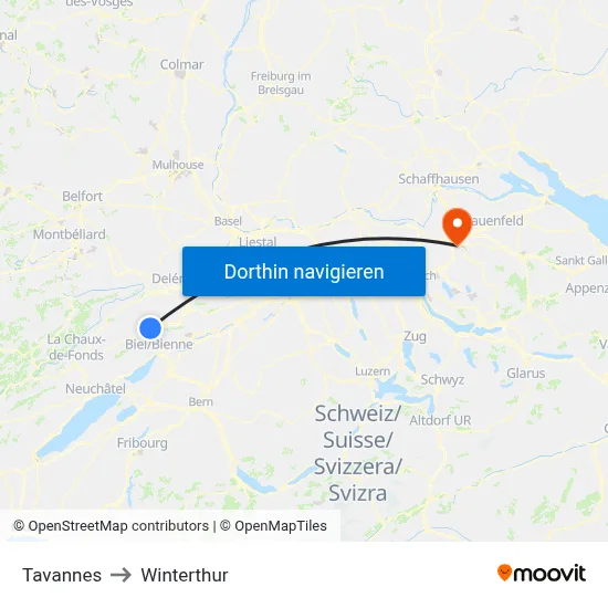 Tavannes to Winterthur map