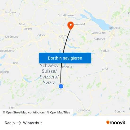 Realp to Winterthur map
