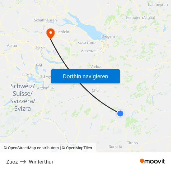 Zuoz to Winterthur map