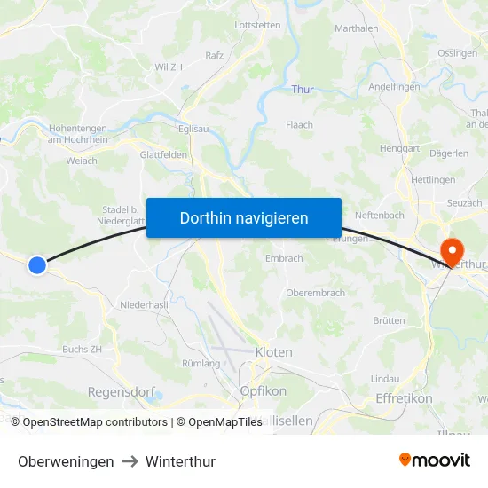 Oberweningen to Winterthur map