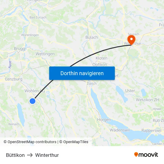 Büttikon to Winterthur map