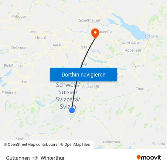 Guttannen to Winterthur map