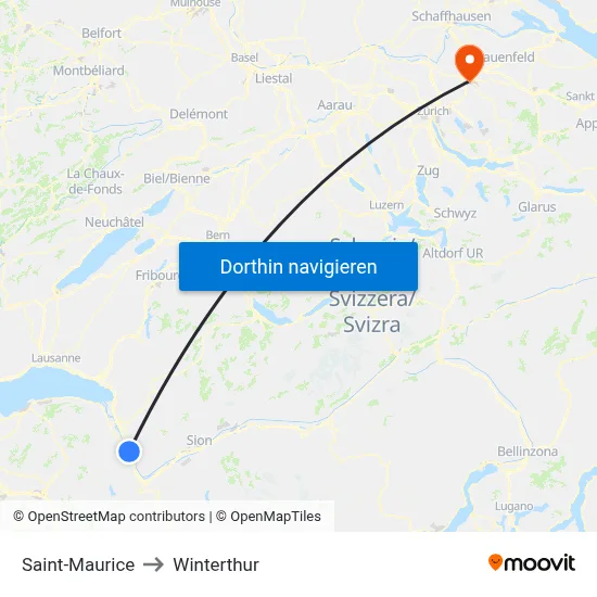 Saint-Maurice to Winterthur map
