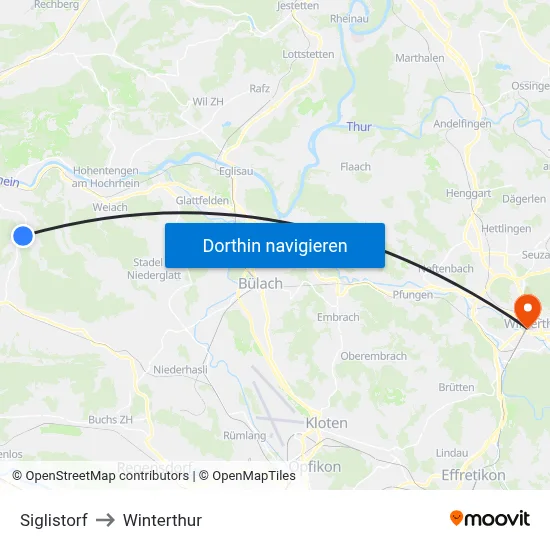 Siglistorf to Winterthur map