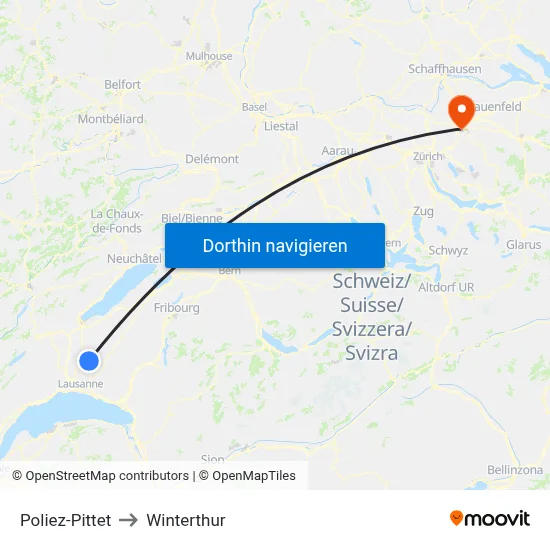 Poliez-Pittet to Winterthur map
